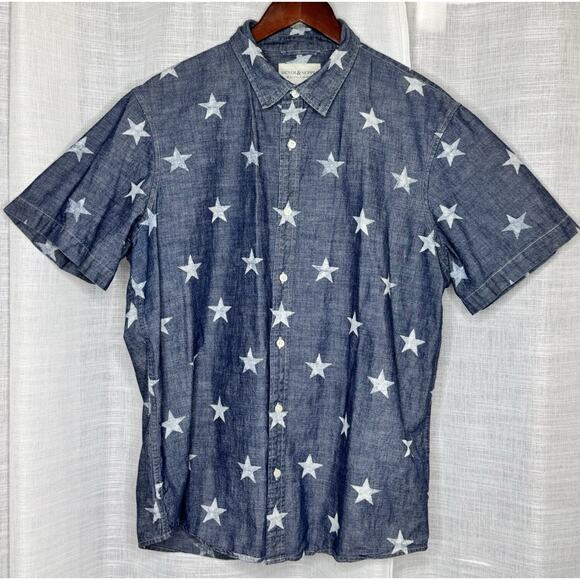 Men's Denim & Supply Ralph Lauren Button Down Star Print Shirt Blue Chambray XL - Picture 1 of 4